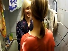 Horny babes strip and dike out in a tiny bathroom video on WebcamWhoring.com